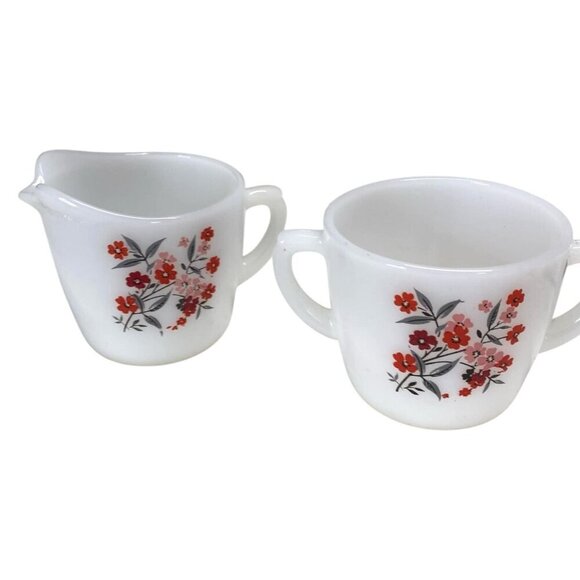 Fire King Primrose Floral Creamer & Sugar Bowl Set Milk Glass Anchor Hoc… - Picture 2 of 5